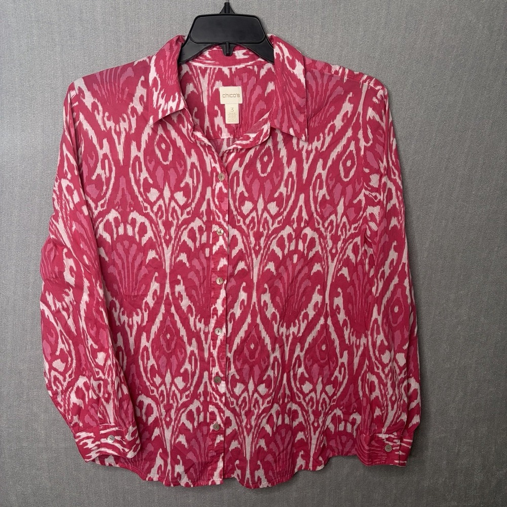 Chicos Ikat Damask Button Up Shirt Womens 3 US XL Pink Cotton Sheer